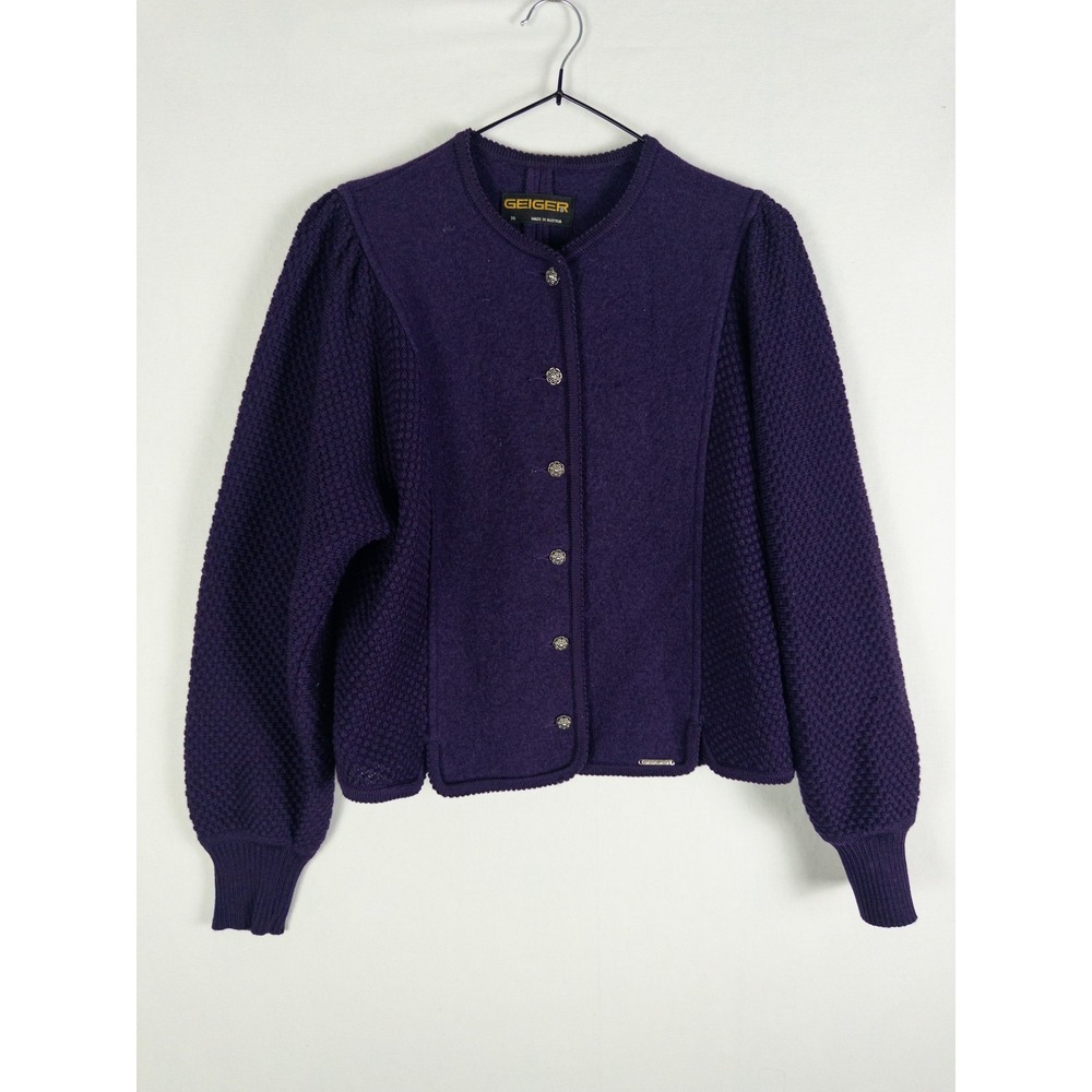 Vintage Geiger Austria Wool Boiled Cardigan Sweater Womens 36 Purple Bohemian He